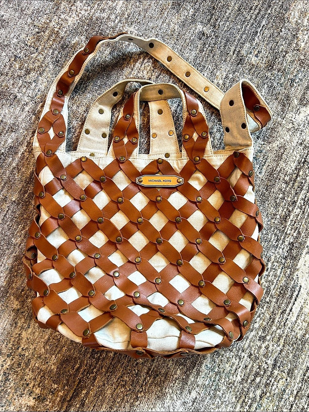 Michael Kors Brooklyn Large Leather and Canvas Tote Bag Woven Tote Brown & Cream